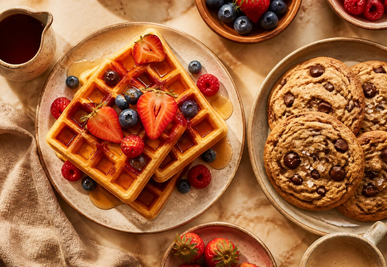 Belgian waffles with berries beside a plate of chocolate chip cookies